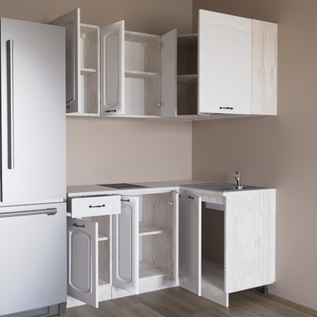 Кухонный гарнитур Угловой Равенна Сосна лофт/ Дуб светлый (столеш Олива, без мойки) 1,5м