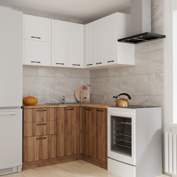 Кухня УГЛОВАЯ  Бари  Белый жемчуг/Тач Белый/Орех Антик (Столеш. Дуб Вотан)/1,4м