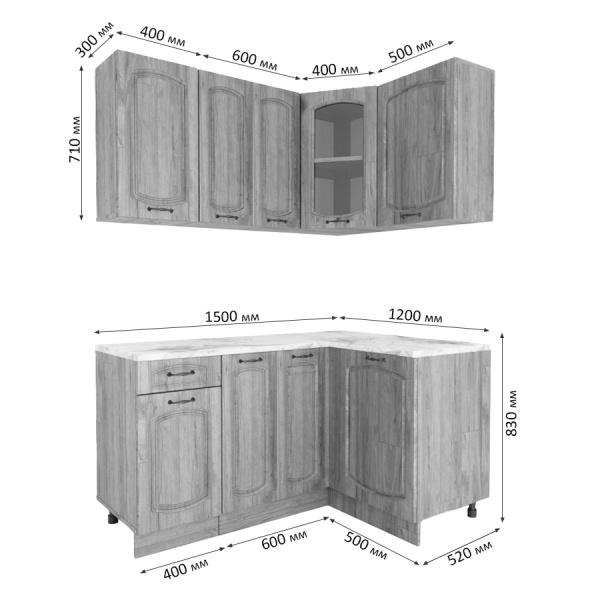 Угловая кухня РАВЕННА Сосна лофт / Дуб светлый 1,5м