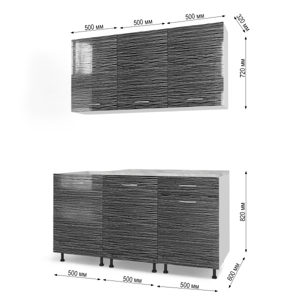 Кухня Комплект №2/1 белый /ЧЕРН СТРАЙП (столеш Этория+сушка+планка) 1,5 м